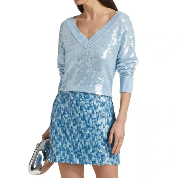 milly women’s ilaria sequin v-neck sweater | size L | color: light blue - Picture 1 of 5